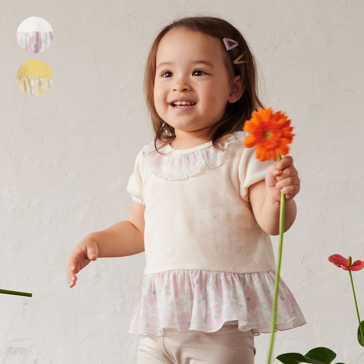 【50%OFF】おしゃれで可愛い！キッズズーの花柄シフォン切替半袖Tシャツ